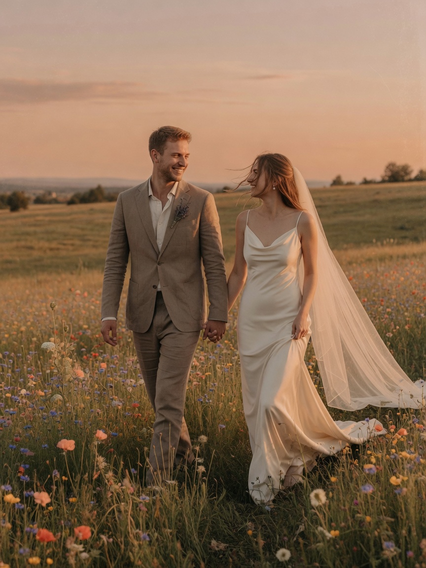 Couple walking through a meadow