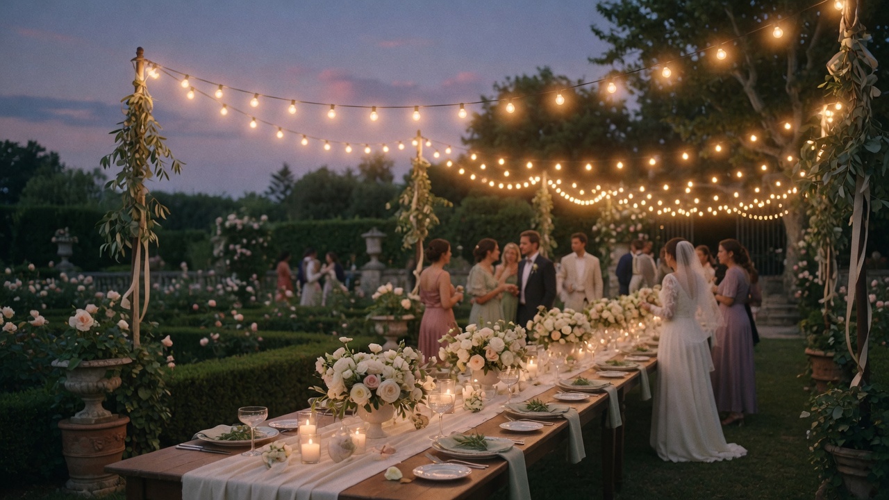 Garden dinner at dusk