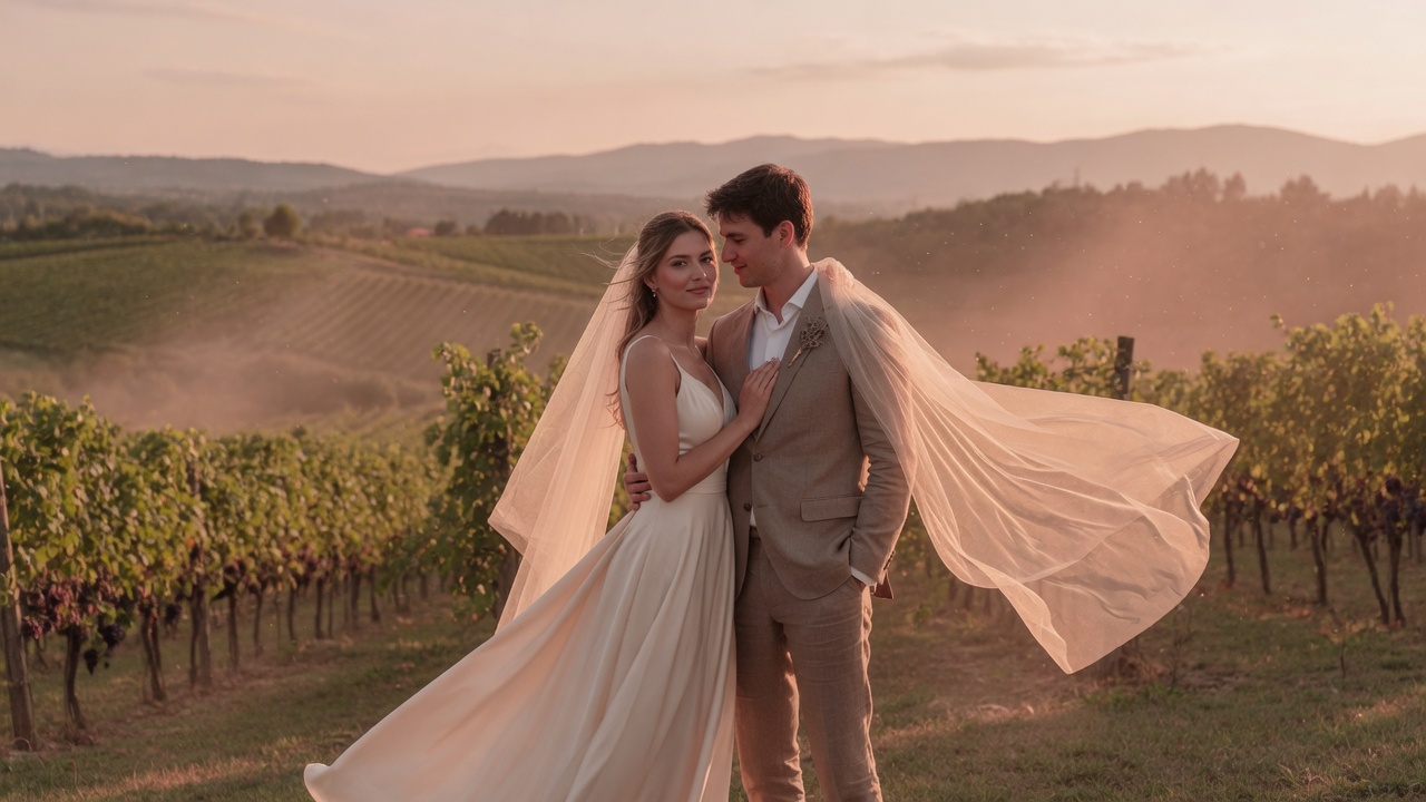 Couple in a vineyard at sunset