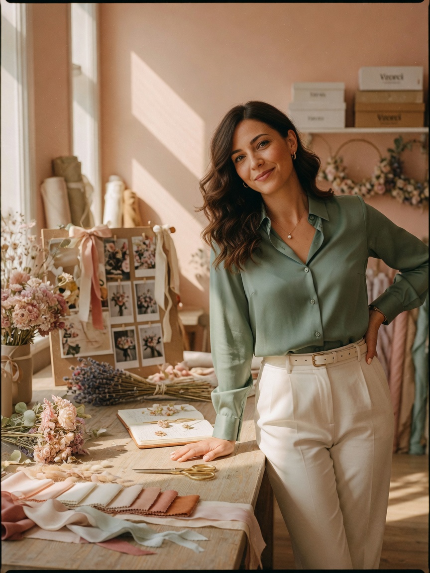 Maya Wren, wedding planner, in the atelier among samples and flowers